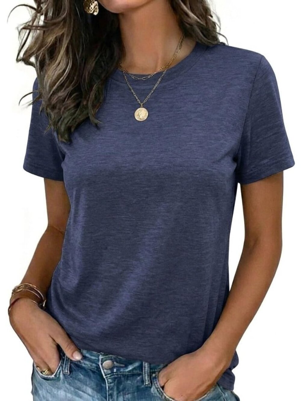 Women's Navy Blue Short Sleeve Crew neck Casual Basic Imported Tee Shirts